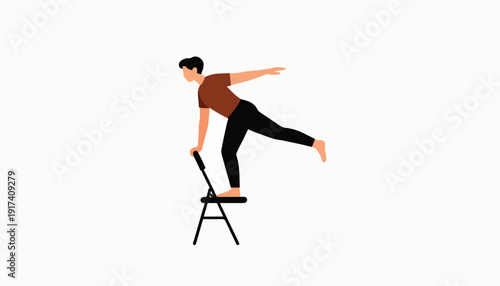 Man balancing on a chair performing a yoga pose