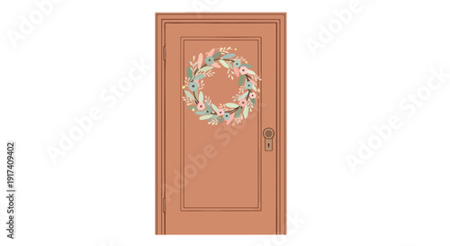 A brown wooden door with a wreath hanging on it, featuring a brass doorknob and surrounded by a clean white background.