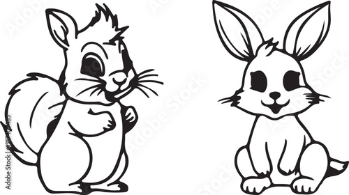 Coloring page of squirrel and bunny cartoon characters