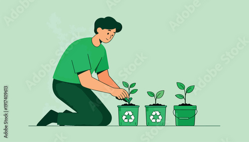 Person planting seedlings in recycling bins, promoting environmental care