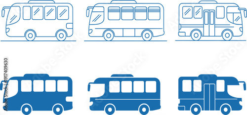 Bus Transport Icon Set with School and City Buses in Line and Solid Style for Public Transportation, Travel, Transit, and Vehicle Vector Design