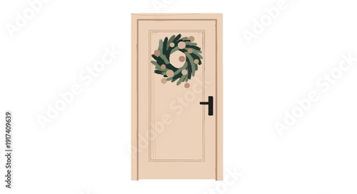 A cream-colored door with a wreath on it, featuring a black handle, set against a plain white background with a focus on door decoration.