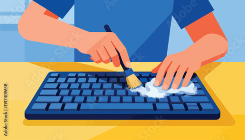Hands cleaning a blue keyboard with a brush and cloth