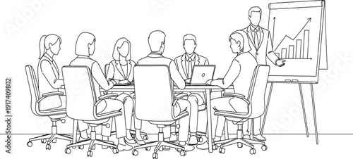 Business Meeting and Team Presentation Line Art Illustration with Corporate Discussion, Strategy Planning, and Financial Growth Chart for Office Collaboration Vector Design