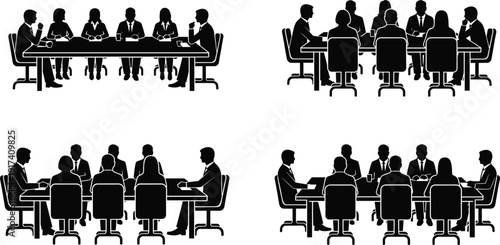 Business Meeting Silhouette Set with Corporate Team Discussion, Boardroom Conference, Office Presentation, and Professional Collaboration Scenes Vector Illustration