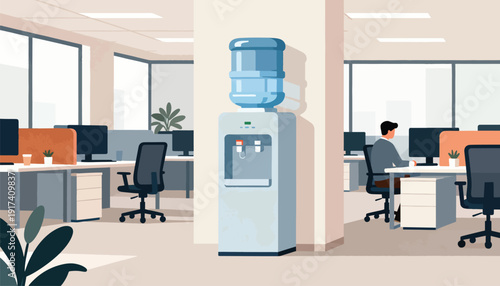 Modern office interior with workstations, water cooler, and large windows
