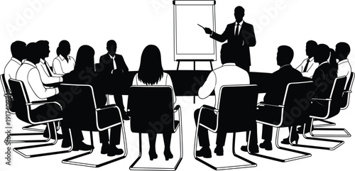 Business Presentation Silhouette Illustration with Corporate Team Meeting, Conference Training Session, and Professional Seminar Discussion for Office Collaboration Vector Design