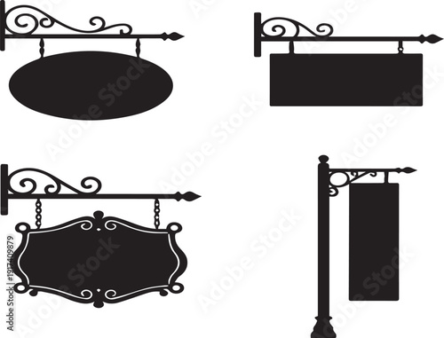 Wrought iron vintage signboard with ornate hanging frame and blank banner design vector illustration