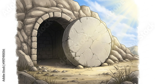 Ancient stone tomb entrance with large round door rolled away on a sunny day in a desert landscape with blue sky and white clouds