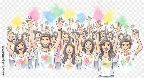 Diverse group of young adults celebrating with hands raised in colorful powder smiling and joyful fun and playful atmosphere white background