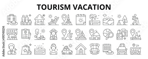 30 Tourism Vacation Line Icons Vector - Holiday, Resort, Beach, Tourist, Destination, Travel Itinerary, Local Cuisine