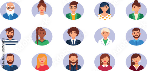 Diverse Professional and Casual People Avatar Set with Men and Women Flat Character Portraits for User Profiles, Team Directories, and Social Community Website Member Designs