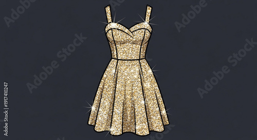 Glittery gold cocktail dress with spaghetti straps and sweetheart neckline on dark background