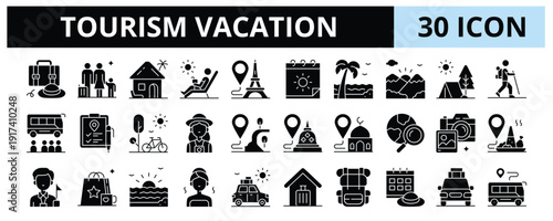 30 Tourism Vacation Glyph Icons Vector - Holiday, Resort, Beach, Tourist, Destination, Travel Itinerary, Local Cuisine