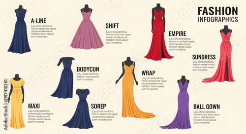 Fashion infographics various women's dress styles and silhouettes for design and education