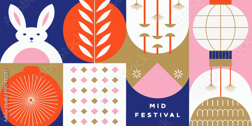 A colorful mid autumn festival illustration featuring a rabbit and lanterns