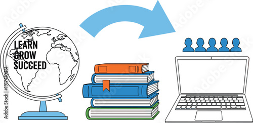 Global Online Education Concept with Globe, Stack of Books, Laptop Computer, and People Icons for E-Learning, Remote Study, Academic Success, and International Knowledge Growth