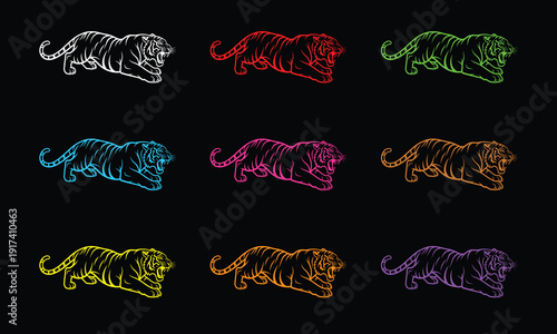 Neon Tiger Vector Set, Colorful Glowing Wild Cat Silhouettes, Crouching Predator