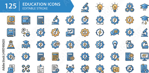 Large Set of 125 Education and Engineering Icons featuring STEM Learning Symbols, Gear Mechanics, Science Research, Creative Thinking, and Technical Skill Development with Editable Strokes