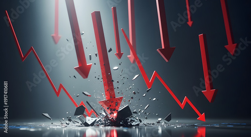Falling red arrows and a crashing market graph illustrate severe financial downturn and economic crisis.