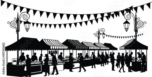 WebOutdoor street market silhouette, festival fair stalls with people shopping, vintage lantern decorations vector illustration isolated on white