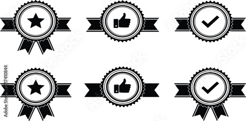 Premium Quality Badge Ribbon Icon Set with Star, Check Mark, and Like Symbols for Certification, Approval Labels, Awards, and Branding Vector Design