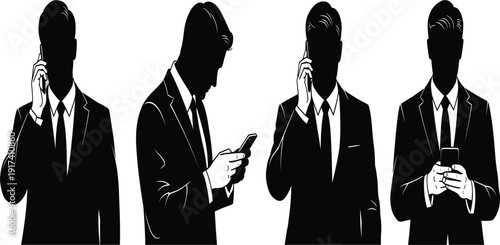Professional Business Executive Silhouettes in Suits Using Smartphones for Mobile Communication, Corporate Networking, Digital Connectivity, Global Business Management, and Modern Leadership Strategy