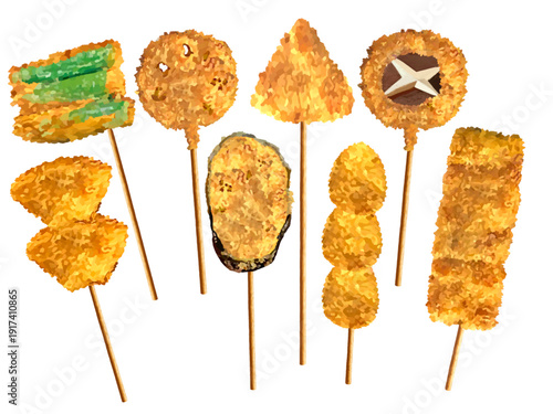 串かつ8本（玉ねぎ、ししとう、れんこん、ナス、チーズ、うずら、しいたけ、豚）