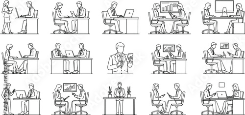 Professional Business People Office Icon Set featuring Corporate Employees Working on Laptops, Meeting in Boardrooms, Conducting Interviews, and Analyzing Data Charts in Line Art Style