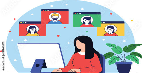 Remote Work and Virtual Team Communication Illustration with Online Meeting, Video Call Collaboration, and Digital Workplace Conference for Business Vector Design