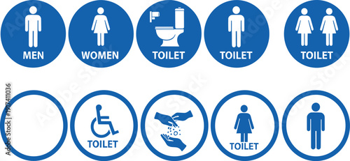Restroom and Toilet Sign Icon Set with Men, Women, Accessible, Hygiene, and Wash Symbols for Public Bathroom Signage and Facility Wayfinding Vector