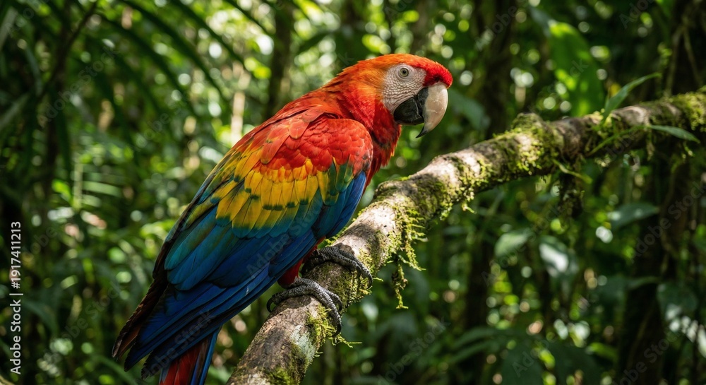 Obraz premium A radiant Scarlet Macaw perches gracefully on a moss-covered branch, its brilliant plumage creating a living rainbow of red, yellow, and blue against the lush, sun-dappled emerald canopy of the tropic