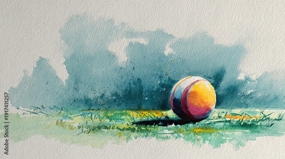 Obraz premium A watercolor painting of a colorful bowling ball resting on a textured surface with an abstract blue-green background.