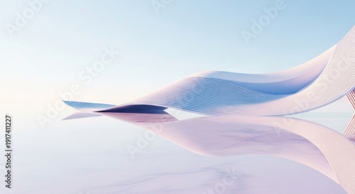 Futuristic abstract sculpture with smooth, flowing curves, reflecting on a calm surface under a pastel sky. The scene feels serene and ethereal.