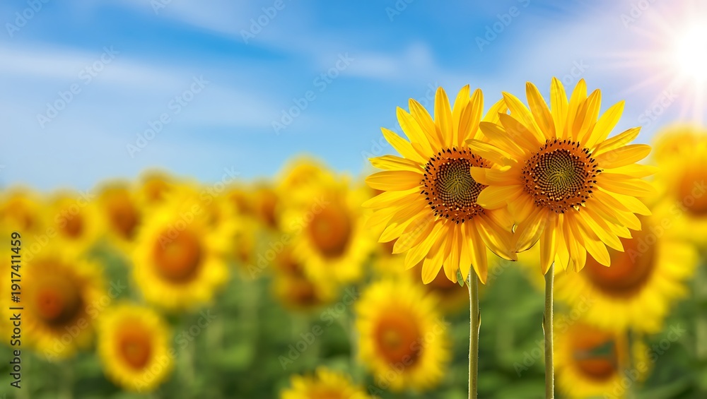 Fototapeta premium Two bright yellow sunflowers in a field of sunflowers