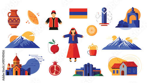 Comprehensive collection of Armenian cultural symbols including Mount Ararat, pomegranates, national flag, and traditional architecture.