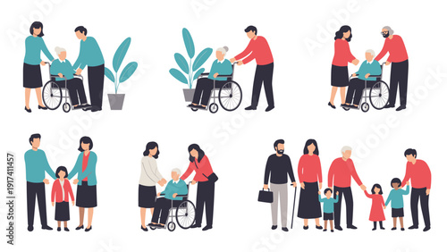 Diverse scenes showing caregivers assisting elderly people in wheelchairs and happy families spending quality time together.