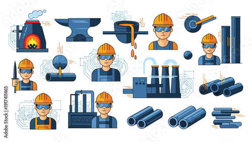 Industrial icons related to metallurgy and metal processing featuring workers, blast furnaces, and various steel products.