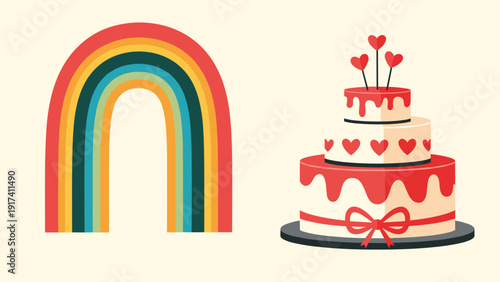 Bright colorful rainbow next to a delicious three-tiered cake decorated with red hearts and a ribbon on a light background.