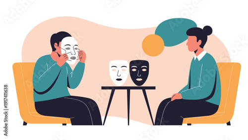 Psychotherapy session illustration showing a therapist and a client with masks symbolizing personality and hidden emotions.