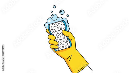 Graphic illustration of a hand in a yellow protective glove holding a soapy sponge with bubbles for cleaning tasks.