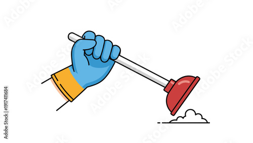 Cartoon illustration of a hand wearing a blue and yellow protective glove holding a red plunger for plumbing work.