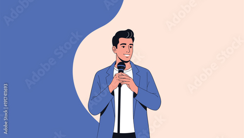 Confident young man in a blue jacket speaking into a microphone during a public event or podcast recording session.