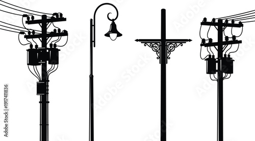 Utility pole and street lamp silhouette set, electric transformer and power line vector illustration isolated on white