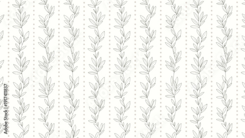 Minimalist seamless pattern featuring delicate vertical vines with small leaves and dotted lines in a clean light grey style.