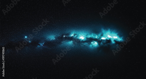 Luminous turquoise nebula stretches diagonally across a starry night sky, evoking a sense of wonder and the vastness of the universe.