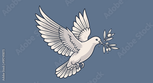 A white dove flies with olive branch in beak outdoors freely.