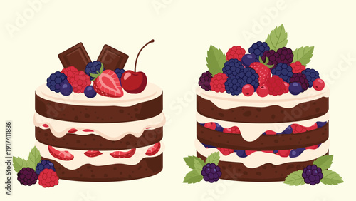Two decadent chocolate-layered cakes richly decorated with fresh berries like raspberries, blueberries, and chocolate bars.