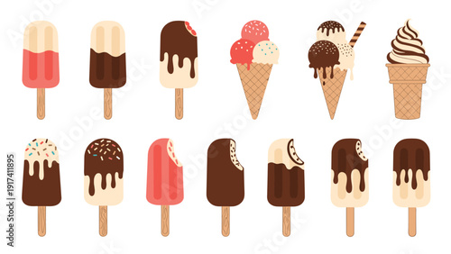 Large collection of diverse ice cream treats including chocolate and fruit popsicles, cones, and sundae cups in flat design.