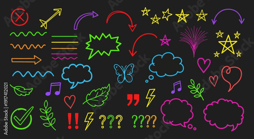 Vibrant neon signs and symbols decorate a dark background with various shapes.